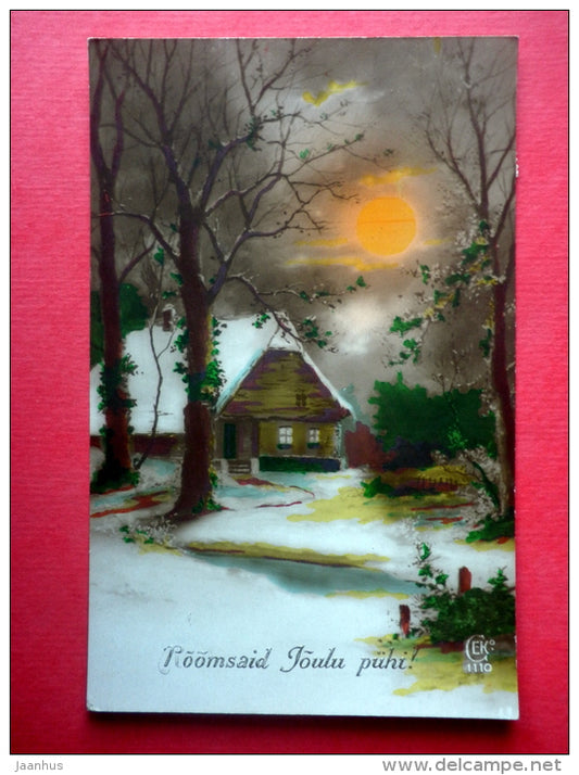 christmas greeting card - winter view - house - sun - CEKO 1110 - circulated in Estonia Tallinn Võsu 1926 - JH Postcards