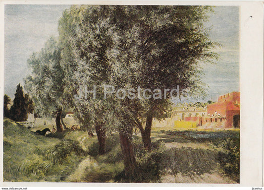 painting by Adolph Menzel - Bauplatz mit Weiden - Building site with willows - 9070 - German art - Germany - unused - JH Postcards
