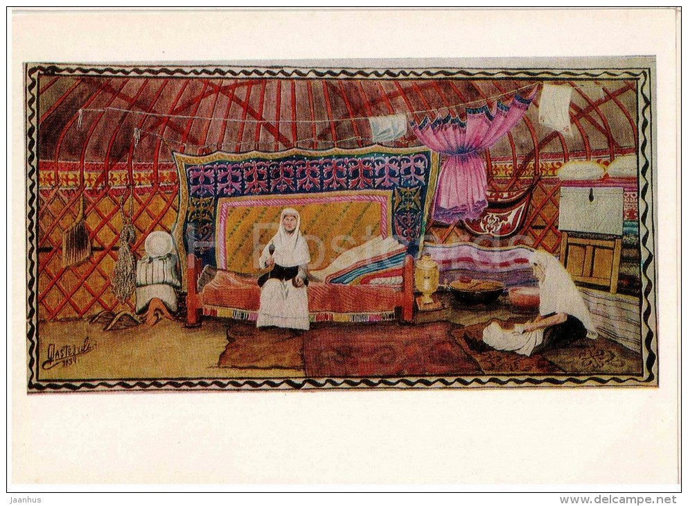 painting by A. Kasteev - Interior of the Yurt , 1934 - bed - kazakh art - unused - JH Postcards
