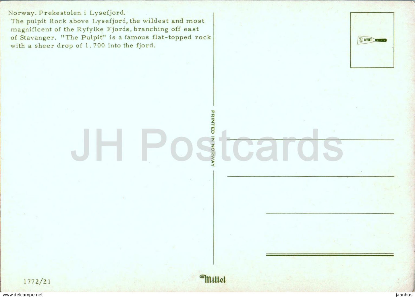 Le rocher de la chaire au-dessus du Lysefjord - Ryfylke Fjords - 1772/21 - Norvège - inutilisé 