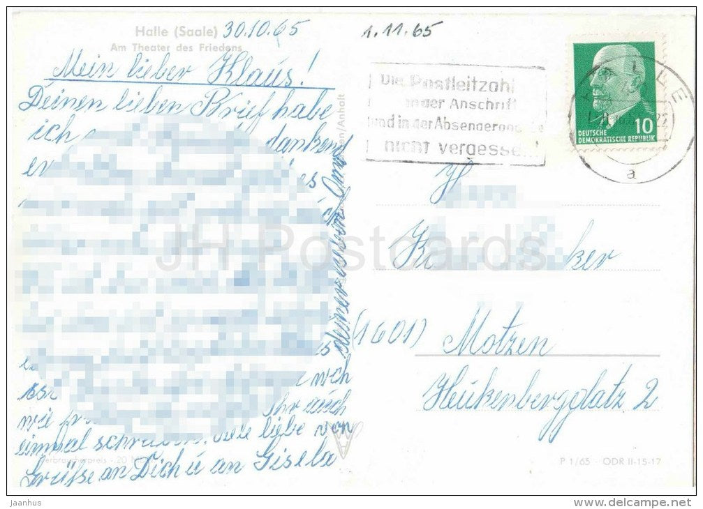 Halle (Saale) - Am Theater des Friedens - theatre - fountain - Germany - 1965 gelaufen - JH Postcards