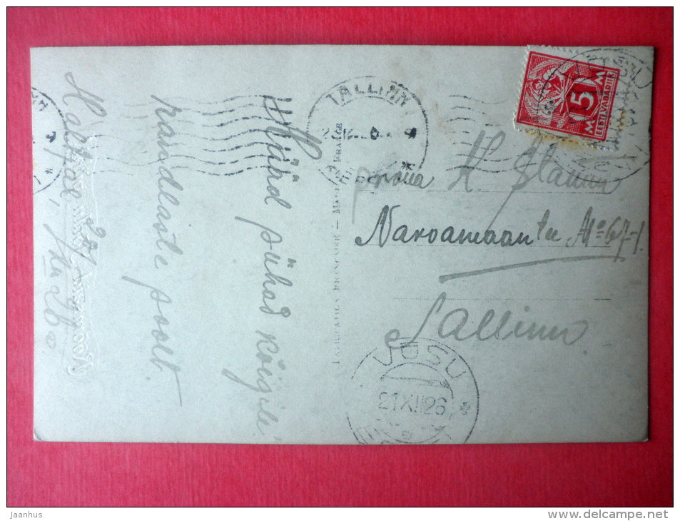 christmas greeting card - winter view - house - sun - CEKO 1110 - circulated in Estonia Tallinn Võsu 1926 - JH Postcards