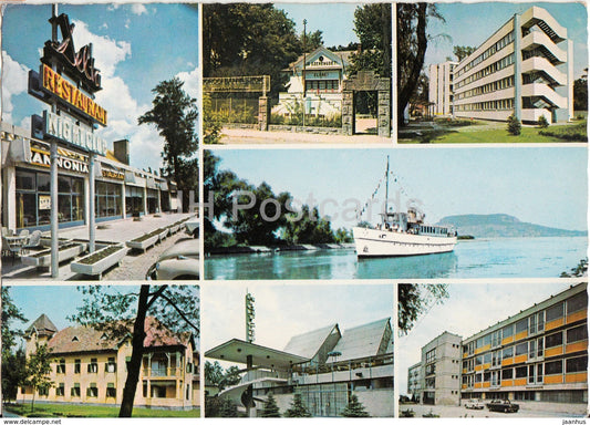 Greetings from the Lake Balaton - boat - restaurant - hotel - multiview - 1976 - Hungary - used - JH Postcards
