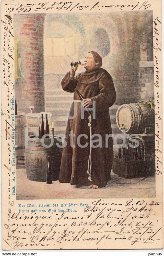 Der Wein erfreut des Menschen Herz - wine cellar - monk - 7040 - old postcard - 1905 - Switzerland - used - JH Postcards