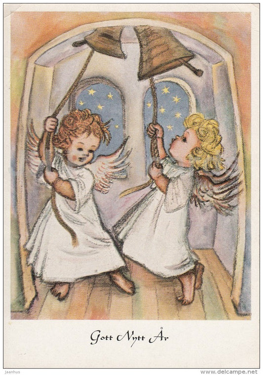 New Year Greeting Card by Arnulf - Angels - bells - Sweden - used - JH Postcards