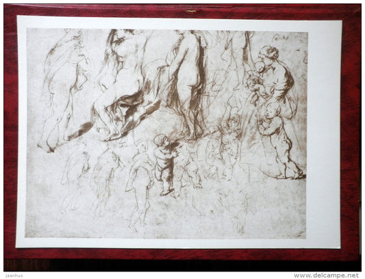 Drawing by Peter Paul Rubens - sketchs of various figures , 1627-28 - maxi card - flemish art - 1977 - unused - JH Postcards