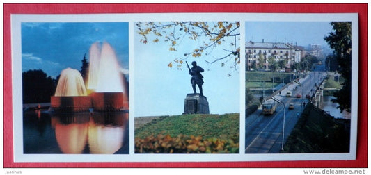 colored fountains - monument to Matrossov - bridge over Lovat - Velikiye Luki - Pskov Land - 1983 - Russia USSR - unused - JH Postcards