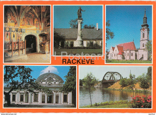 Rackeve - monument - church - bridge - multiview - 1980s - Hungary - used - JH Postcards
