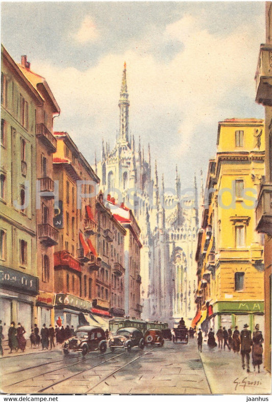 Milano - Milan - Corso Vittorio Emanuele - car - illustration by G. Grossi - old postcard - Italy - unused - JH Postcards