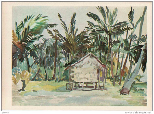 paintings by M. Plakhov and B. Alekseyev - Coco Pickers Hut . Kapatirung island - Pacific - 1979 - Russia USSR - unused - JH Postcards