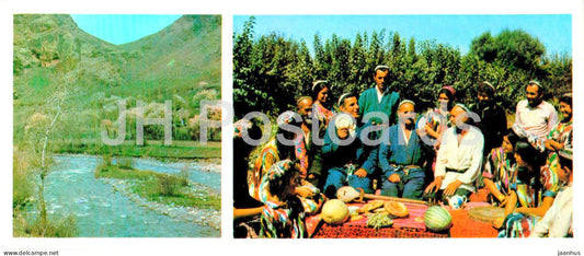 Fergana and Fergana Valley - mountain river near Khamzaabad - folk singers - music - 1974 - Uzbekistan USSR - unused - JH Postcards