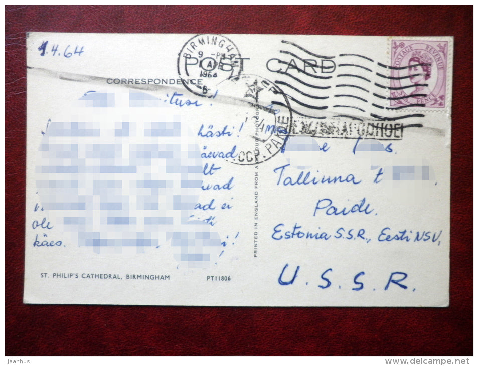 Birmingham - St. Philips Cathedral - sent to Estonia, USSR 1964, stamped - England - United Kingdom - used - JH Postcards