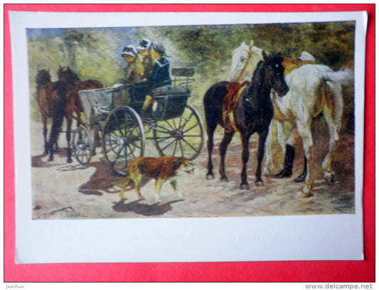 painting by Nikolai Samokish - Promenade - horse carriage - dog - russian art - unused - JH Postcards