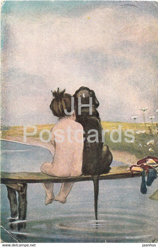 painting by Bruno Piglhein - Freunde - dog - child - German art - old postcard - 1920 - Germany - used - JH Postcards
