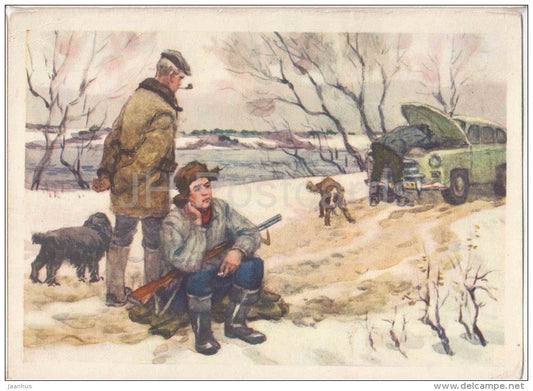 painting by I. Penteshin - Forced to Stop - hunters - dog - rifle - car Pobeda - 1956 - Russia USSR - unused - JH Postcards