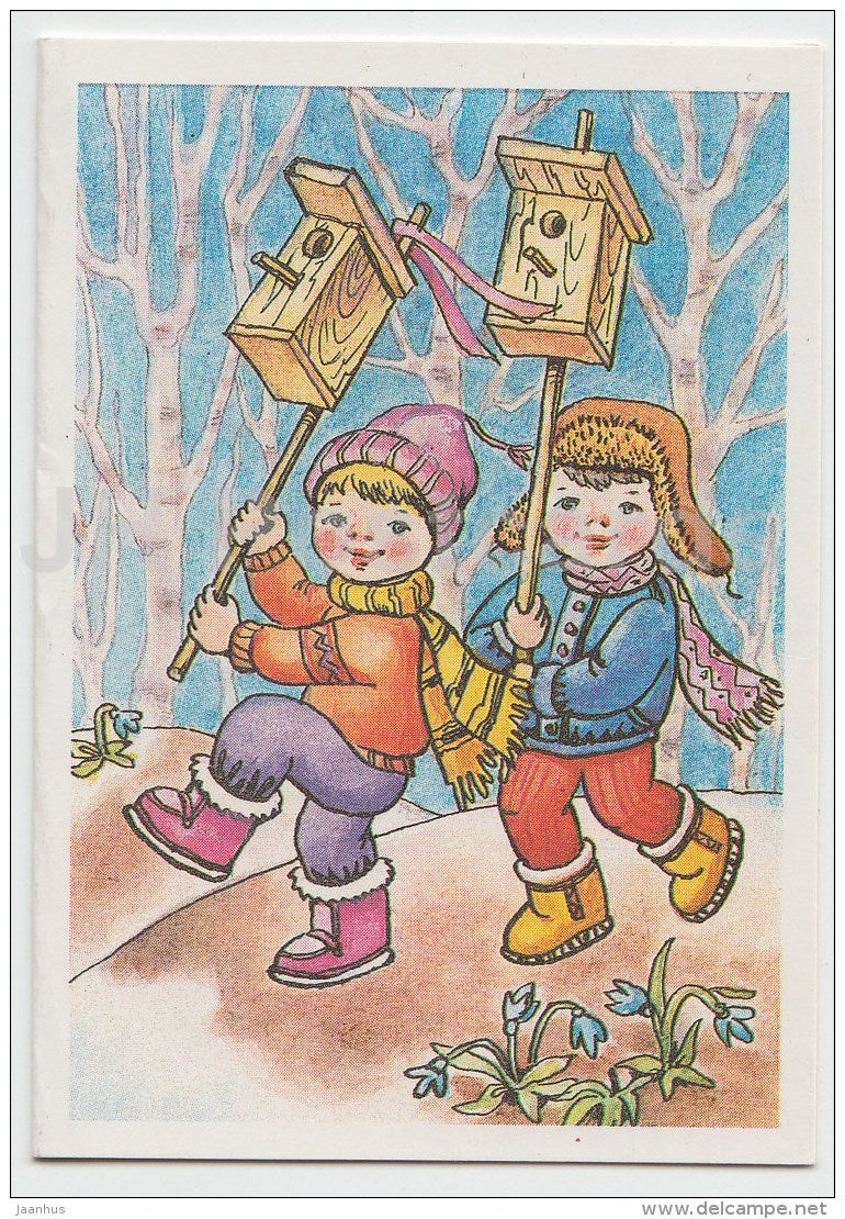 8 March International Women's Day mini greeting card by L. Voronkova - boys - bird box - 1988 - Russia USSR - unused - JH Postcards