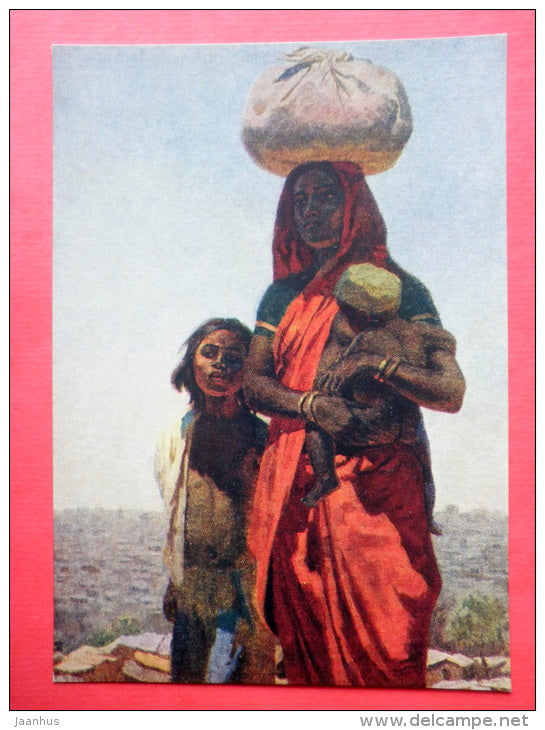 painting by Semen Chuikov - On the Road - family - woman with children - russian art - unused - JH Postcards