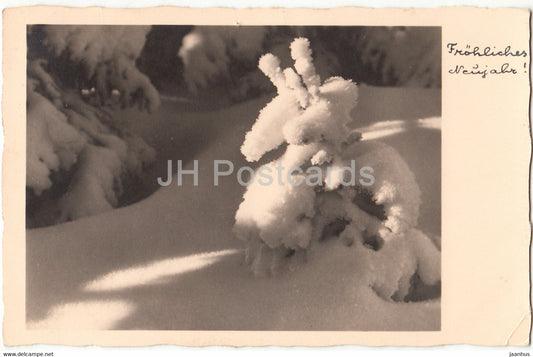New Year Greeting Card - Frohliches Neujahr - winter tree - FRECO - old postcard - 1938 - Germany - used - JH Postcards