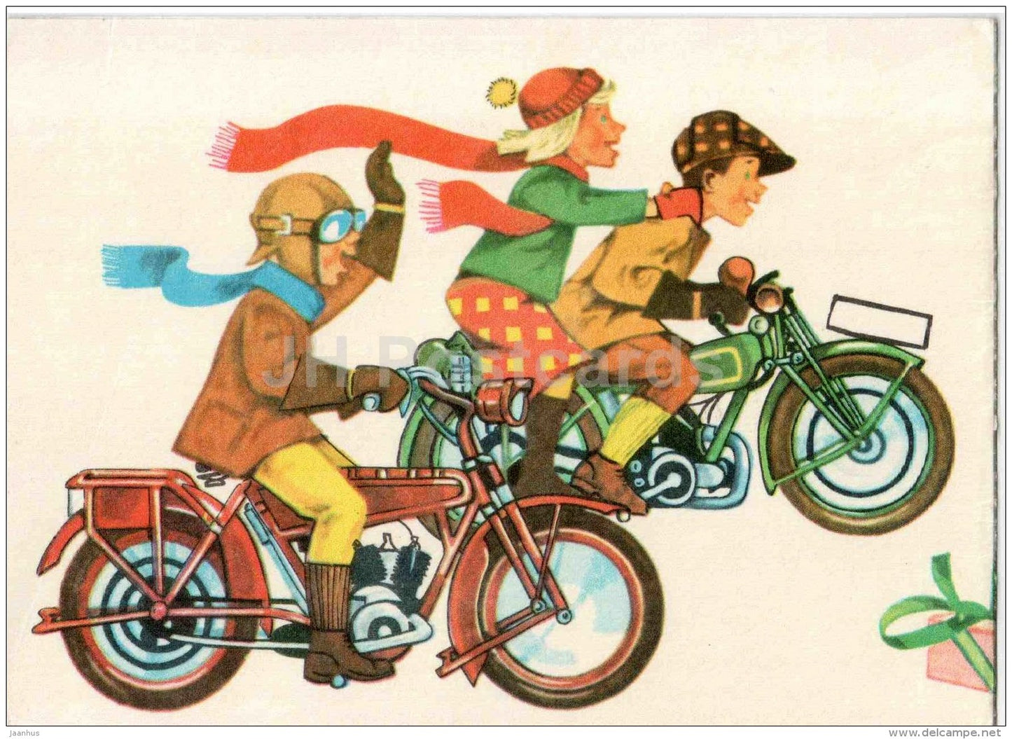 New Year Greeting Card by V. Tõnisson - old car - Santa Claus - motorbike - 1976 - Estonia USSR - used - JH Postcards
