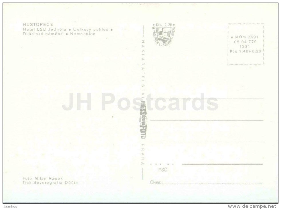 hotel of LSD unity - general view - Dukelske Square - hospital - Hustopece - Czech - Czechoslovakia - unused - JH Postcards