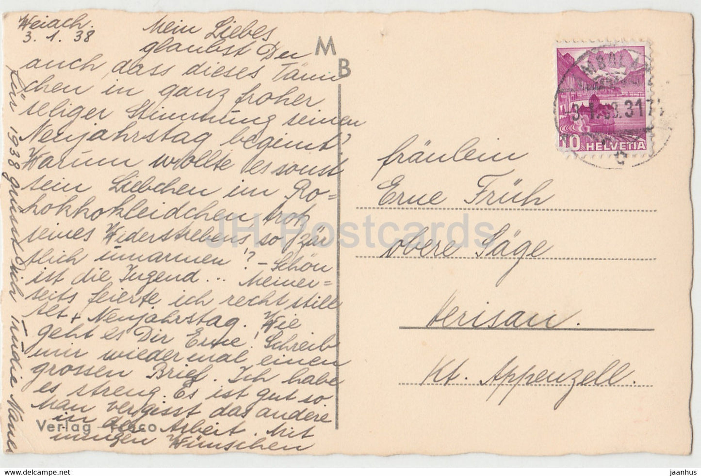 New Year Greeting Card - Frohliches Neujahr - winter tree - FRECO - old postcard - 1938 - Germany - used