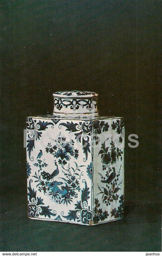 Tea caddy with images of flowers and birds by Adrianus Kocks - 1 - Faience - Delftware - 1974 - Russia USSR - unused - JH Postcards