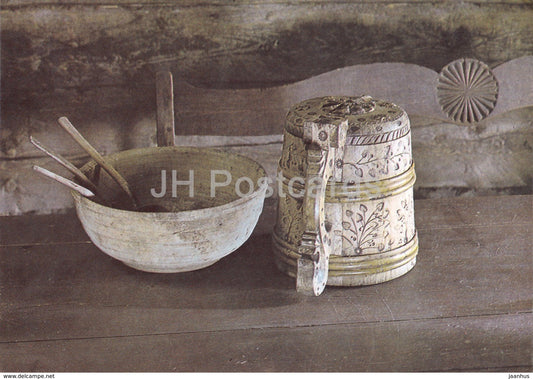 New Year Greeting card - items of the Estonian National Open Air Museum - bowl - beer mug - 1 1989 - Estonia USSR - used - JH Postcards
