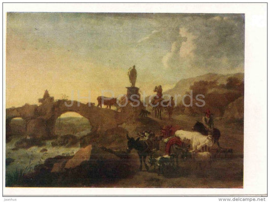 painting by Nicolaes Berchem - 1 - Italian landscape with Bridge - donkey - dutch art - unused - JH Postcards