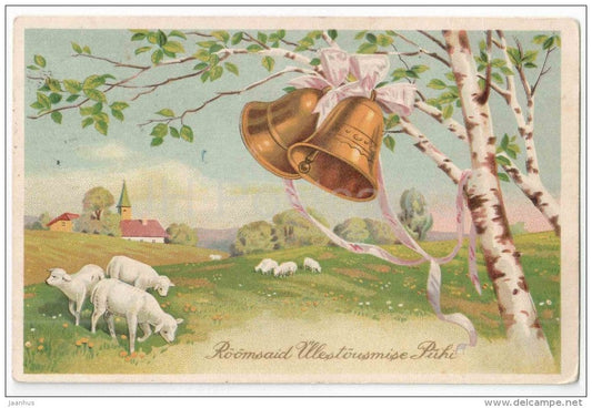 Easter Greeting Card - bells - sheep - lamb - birch trees - circulated in Estonia Võru 1939 - JH Postcards