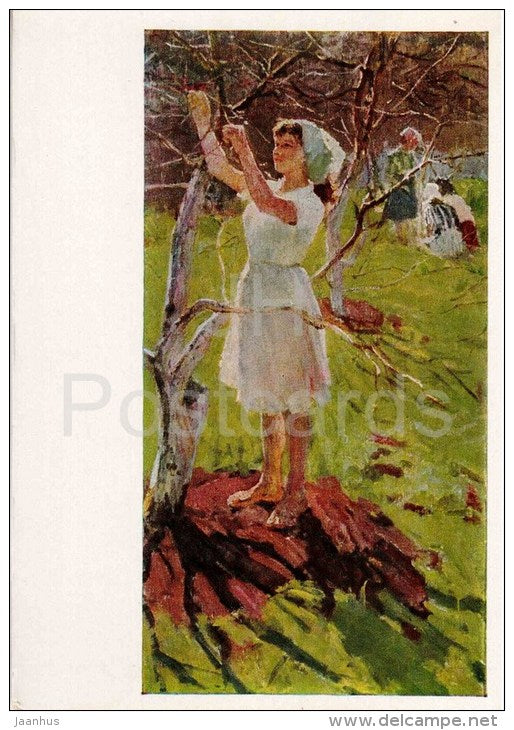 painting by K. Kazanchan - Youth , 1964 - garden - woman - russian art - unused - JH Postcards