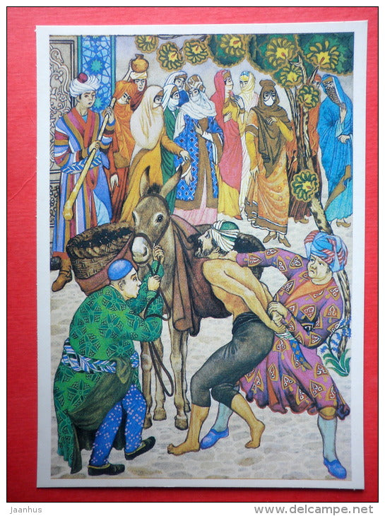 illustration by A. Melikhov - Cleaner and Woman - donkey - 1001 Nights - 1987 - Russia USSR - unused - JH Postcards