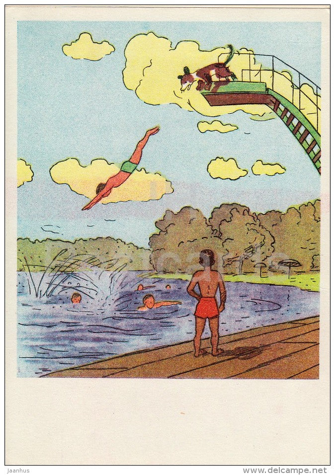 illustration - water jumping - Moydodyr by K. Chukovsky - Wash-'em-Clean - fairy tale - 1970 - Russia USSR - unused - JH Postcards