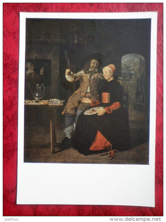 Painting by Gabriël Metsu - Lovers at breakfast . 1661 - dutch art - unused - JH Postcards