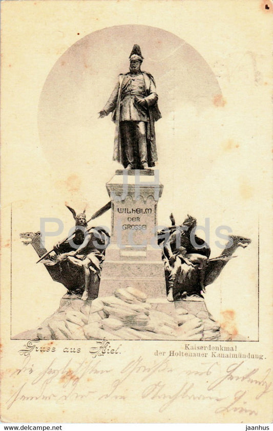 Gruss aus Kiel - Kaiserdenkmal der Holtenauer Kanalmundung - monument - old postcard - 1908 - Germany - used - JH Postcards