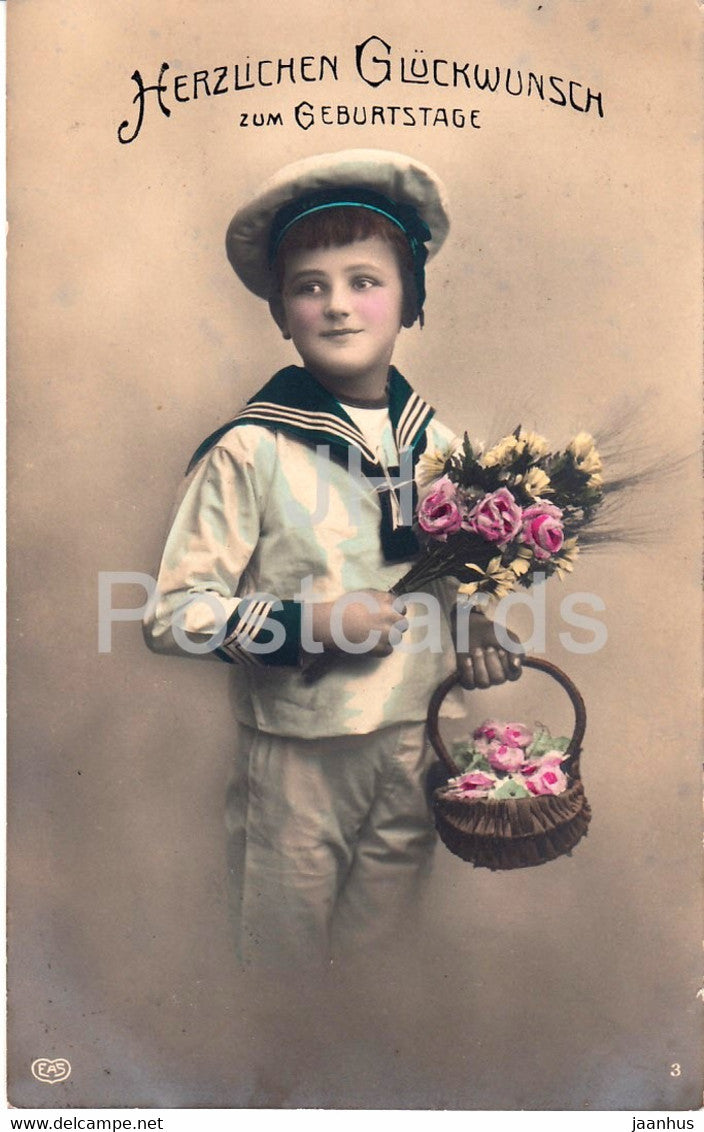 Birthday Greeting Card - Herzlichen Gluckwunsch zum Geburtstage - sailor boy - EAS - old postcard - Germany - used - JH Postcards