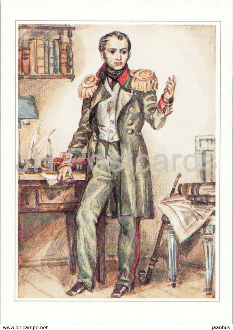 Russian writer Alexander Pushkin - P. Pestel - illustration - 1984 - Russia USSR - unused - JH Postcards