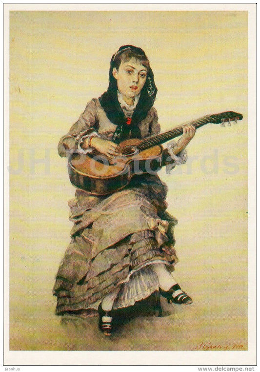 painting by V. Surikov - Portrait of S. Kropotkina with Guitar , 1882 - Russian art - 1988 - Russia USSR - unused - JH Postcards