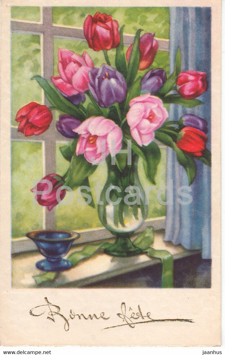 Birthday Greeting Card - Bonne Fete - flowers - roses in a vase - EAS 1867 - illustration - old postcard - France - used - JH Postcards