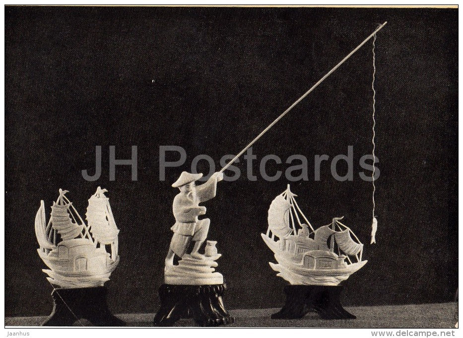 Statuettes , ivory - fisher - Vietnam - Vietnamese art - 1957 - Russia USSR - unused - JH Postcards