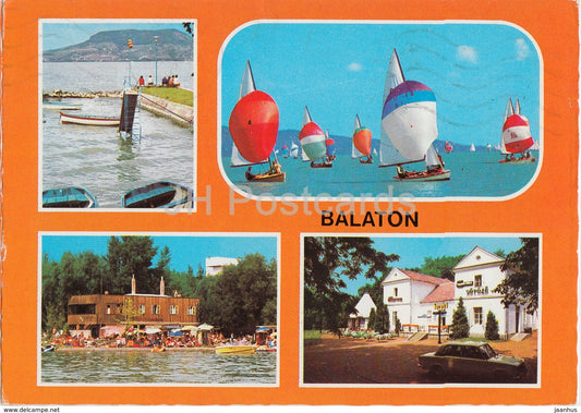 Greeting from lake Balaton - sailing boat - beach - multiview - 1986 - Hungary - used - JH Postcards