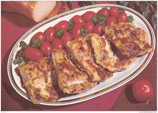 fried cod with tomatoes and cheese sauce - Fish Dishes - food - recepies - 1986 - Estonia USSR - unused - JH Postcards