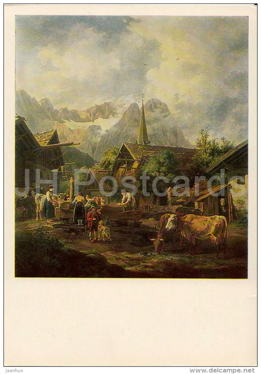 painting by Peter von Hess - Morning in Partenkirchen - cow - German art - 1984 - Russia USSR - unused - JH Postcards