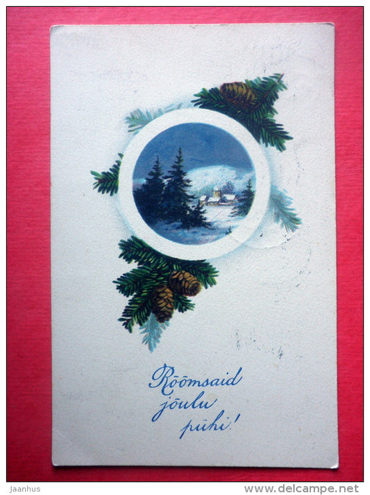 christmas greeting card - winter view - cones - church - HWB SER 1167 - circulated in Estonia Tallinn Käsmu 1928 - JH Postcards
