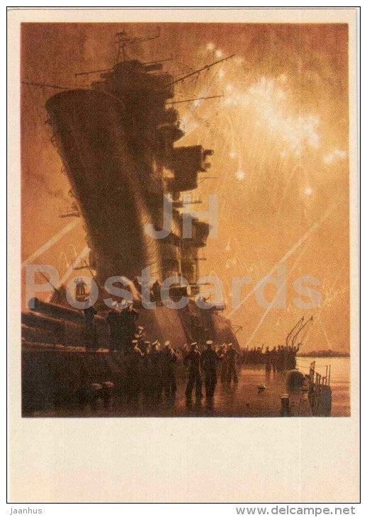 firework - battleship - illustration by Baranov - Sevastopol - 1982 - Ukraine USSR - unused - JH Postcards