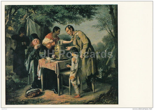 painting by V. Perov - Tea-Drinking in Mytishchi - Russian art - large format card - 1990 - Russia USSR - unused - JH Postcards