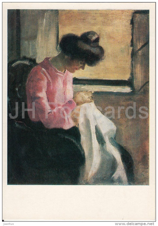 painting by D. Shevardnadze - Woman with sewing at the window - Georgian art - Russia USSR - 1984 - unused - JH Postcards