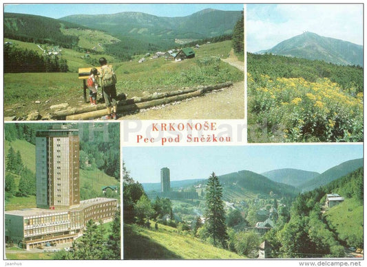 Krkonose - Pec pod Snezkou - mountain views - hotel Horisont - Czechoslovakia - Czech - used 1986 - JH Postcards