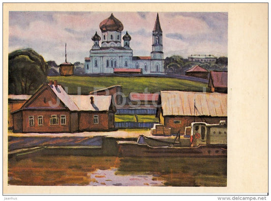 painting by V. Rogachev - Local berth on Vytegra river - church - Volgo-Balt - Russian art - Russia USSR - 1977 - unused - JH Postcards