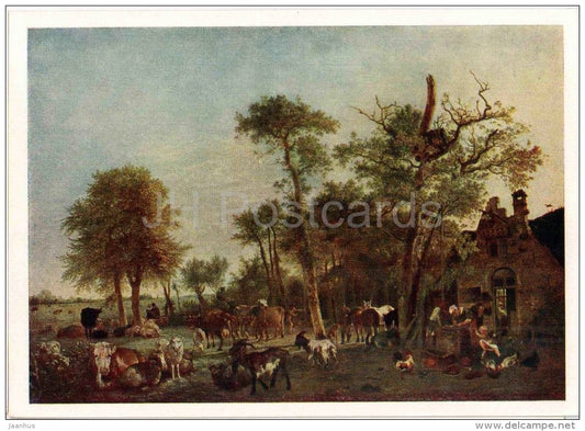 painting by Paulus Potter - 1 - The Farm - goat - cow - well - dutch art - unused - JH Postcards
