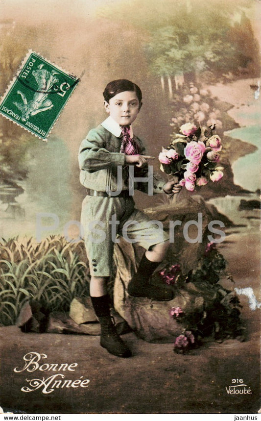 Birthday Greeting Card - boy - Bonne Annee - Veloute - 916 - old postcard - France - used - JH Postcards